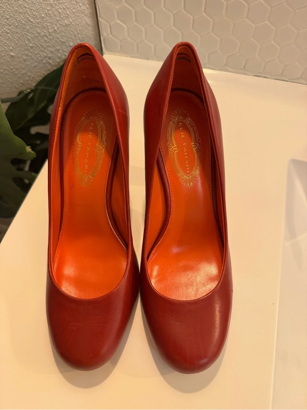 Elie Tahari Luxe Burnt Orange Harper Leather Pumps with Purple Accent $398